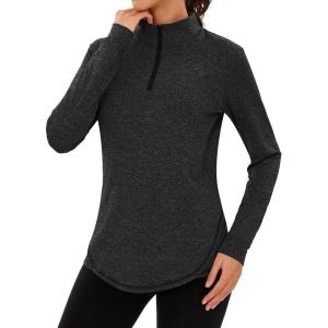 Haut de Running Femme 1/4 Zip à Manches Longues Sweatshirt Sport Léger Respirant Séchage Rapide Pull de Course Fitness Jogging Extérieur(Noir)