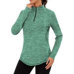 Haut de Running Femme 1/4 Zip à Manches Longues Sweatshirt Sport Léger Respirant Séchage Rapide Pull de Course Fitness Jogging Extérieur(Vert)