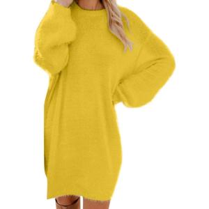 Générique Robe Pull Femme Hiver Chic Et Elegant Robe Manche Longue Hiver Femme Grande Taille Robes Longues Femmes Sexy Chaude Dress Oversize Jupe Col Rond Couleur Unie(01 Yellow)