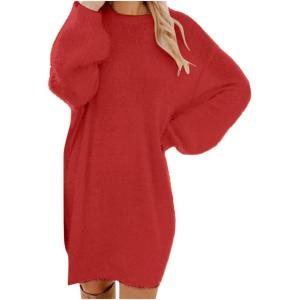 Générique Robe Pull Femme Hiver Chic Et Elegant Robe Manche Longue Hiver Femme Grande Taille Robes Longues Femmes Sexy Chaude Dress Oversize Jupe Col Rond Couleur Unie(02 Red)