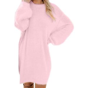 Générique Robe Pull Femme Hiver Chic Et Elegant Robe Manche Longue Hiver Femme Grande Taille Robes Longues Femmes Sexy Chaude Dress Oversize Jupe Col Rond Couleur Unie(00 Pink)