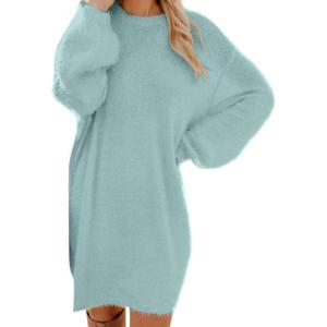 Générique Robe Pull Femme Hiver Chic Et Elegant Robe Manche Longue Hiver Femme Grande Taille Robes Longues Femmes Sexy Chaude Dress Oversize Jupe Col Rond Couleur Unie(00 Sky Blue)