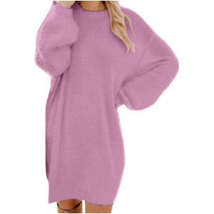 Générique Robe Pull Femme Hiver Chic Et Elegant Robe Manche Longue Hiver Femme Grande Taille Robes Longues Femmes Sexy Chaude Dress Oversize Jupe Col Rond Couleur Unie(02 Purple)