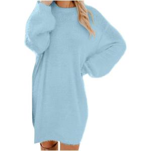 Générique Robe Pull Femme Hiver Chic Et Elegant Robe Manche Longue Hiver Femme Grande Taille Robes Longues Femmes Sexy Chaude Dress Oversize Jupe Col Rond Couleur Unie(02 Sky Blue)