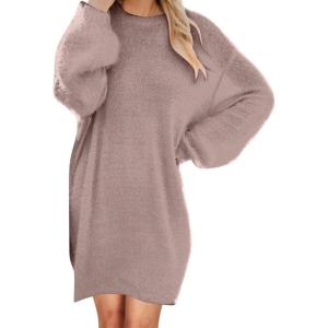 Générique Robe Pull Femme Hiver Chic Et Elegant Robe Manche Longue Hiver Femme Grande Taille Robes Longues Femmes Sexy Chaude Dress Oversize Jupe Col Rond Couleur Unie(03 Khaki)