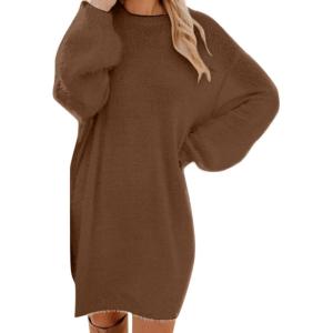 Générique Robe Pull Femme Hiver Chic Et Elegant Robe Manche Longue Hiver Femme Grande Taille Robes Longues Femmes Sexy Chaude Dress Oversize Jupe Col Rond Couleur Unie(01 Brown)