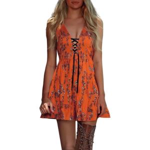Robe Retro à Col en V et Manches Courtes pour Femmes Vintage Western Country Robes Décontractée Robe de Vacances Fête Grande Taille Gothique Jupe Deguisement Hippie Costume de Cowgirl(Robe Longue Femme Ete Orange)