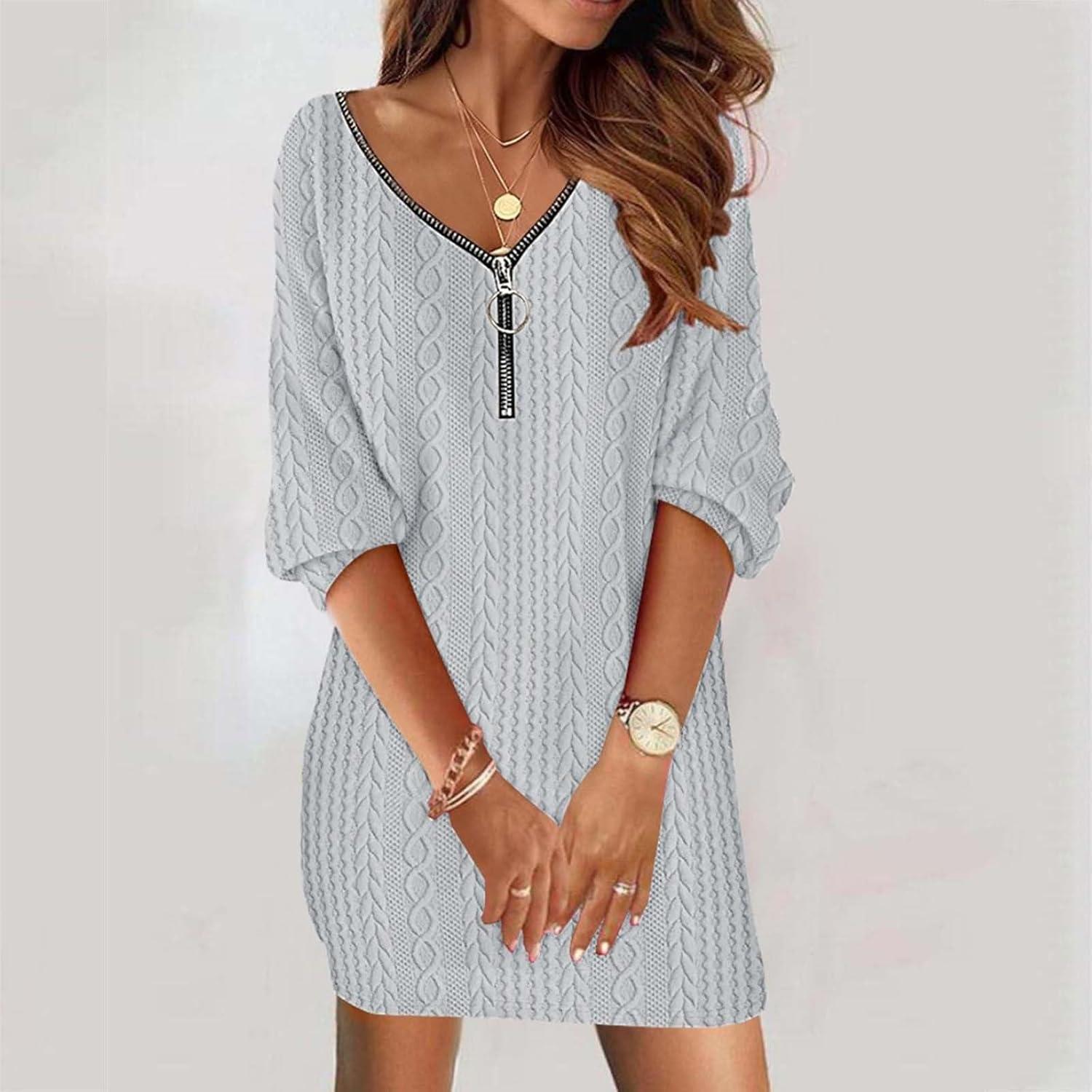 imageGnrique Robe Pull Femme Col V Dentelle Ample en Maille Long Pullover Tricot Robe De Nol Manche Longue Robe De Soire Mini Robe Sweat Dcontract01 Gris