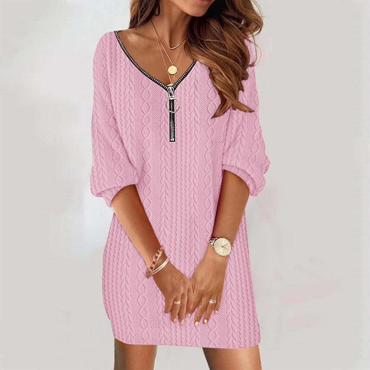 imageGnrique Robe Pull Femme Col V Dentelle Ample en Maille Long Pullover Tricot Robe De Nol Manche Longue Robe De Soire Mini Robe Sweat Dcontract01 Rose