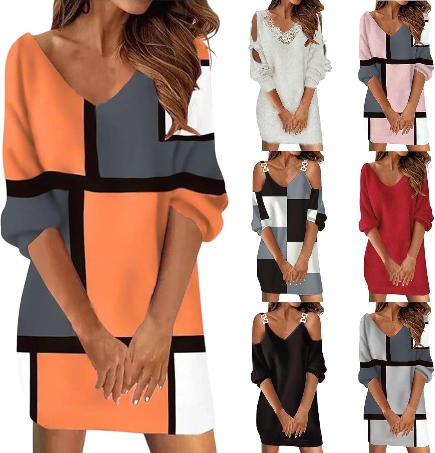 imageGnrique Robe Pull Femme Col V Dentelle Ample en Maille Long Pullover Tricot Robe De Nol Manche Longue Robe De Soire Mini Robe Sweat Dcontract02 Noir