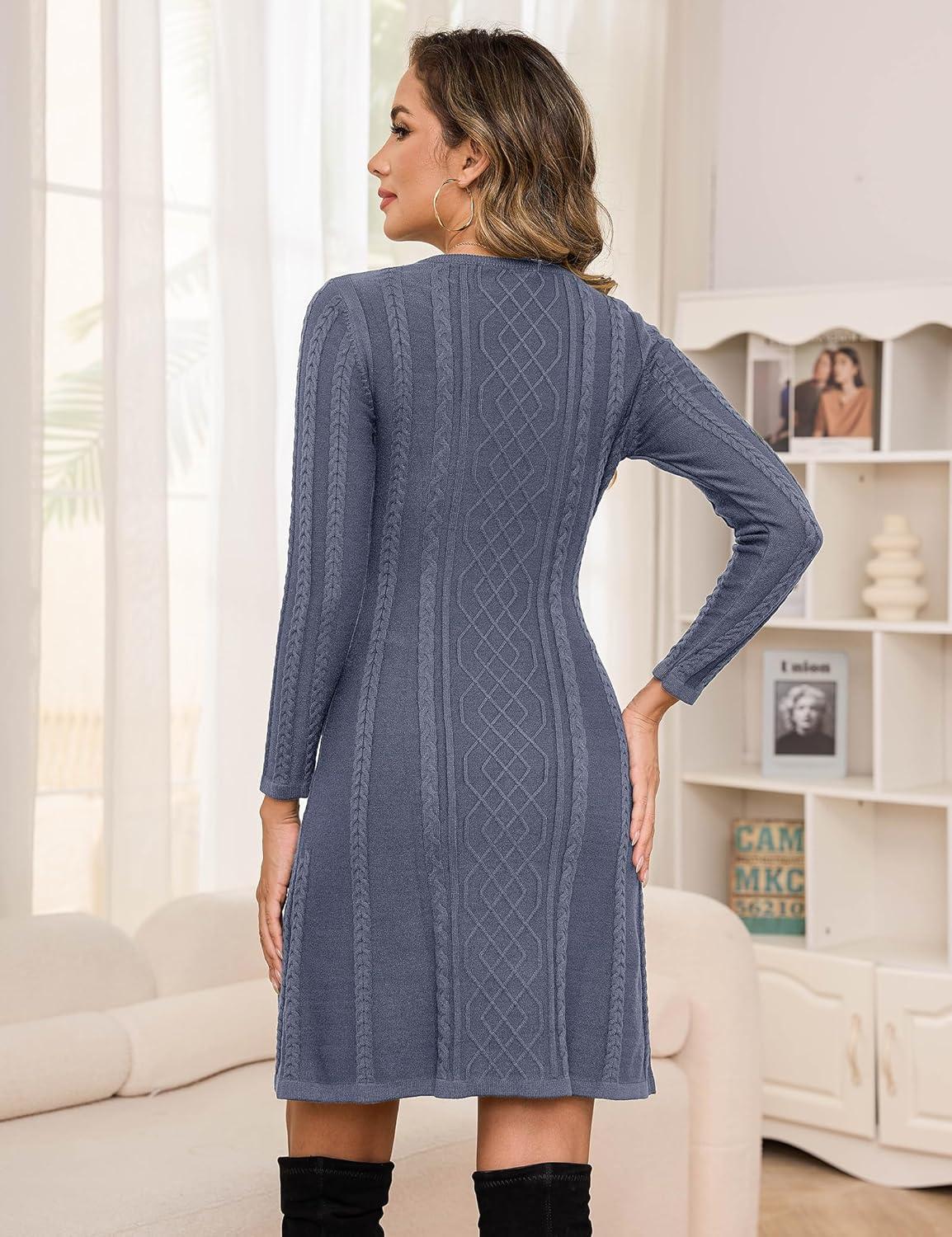 imageRobe Pull Femme Hiver Dcontracte Tricote Robe Pull Elegant Col Rond A Ligne Robes Casual Manches Longues Mini Robe Pull pour Fte Loisirs Cocktail Robe PullBleu