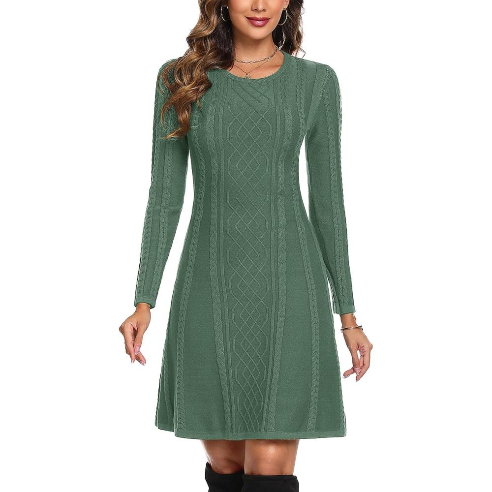 imageRobe Pull Femme Hiver Dcontracte Tricote Robe Pull Elegant Col Rond A Ligne Robes Casual Manches Longues Mini Robe Pull pour Fte Loisirs Cocktail Robe PullVert Pin