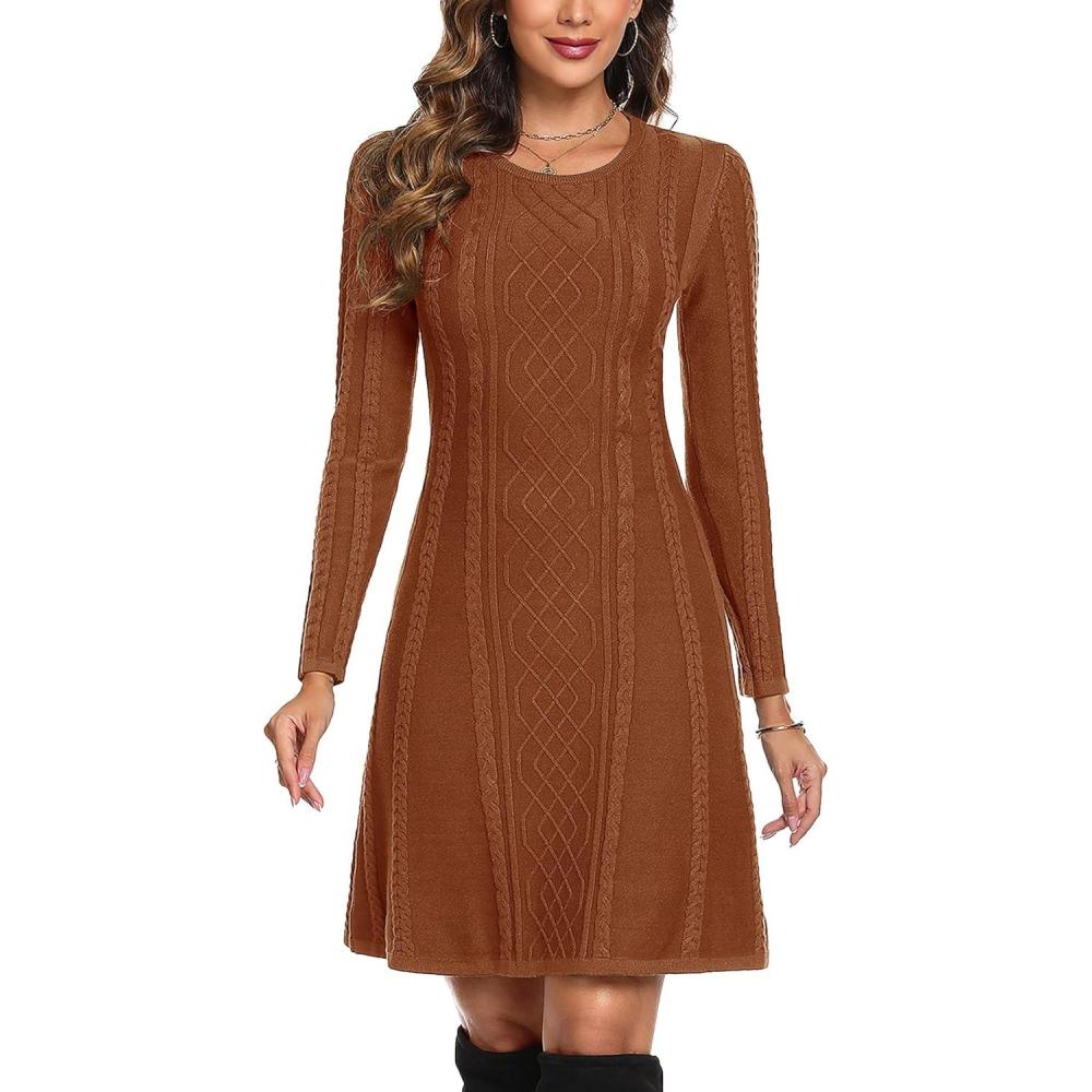 imageRobe Pull Femme Hiver Dcontracte Tricote Robe Pull Elegant Col Rond A Ligne Robes Casual Manches Longues Mini Robe Pull pour Fte Loisirs Cocktail Robe PullCaramel