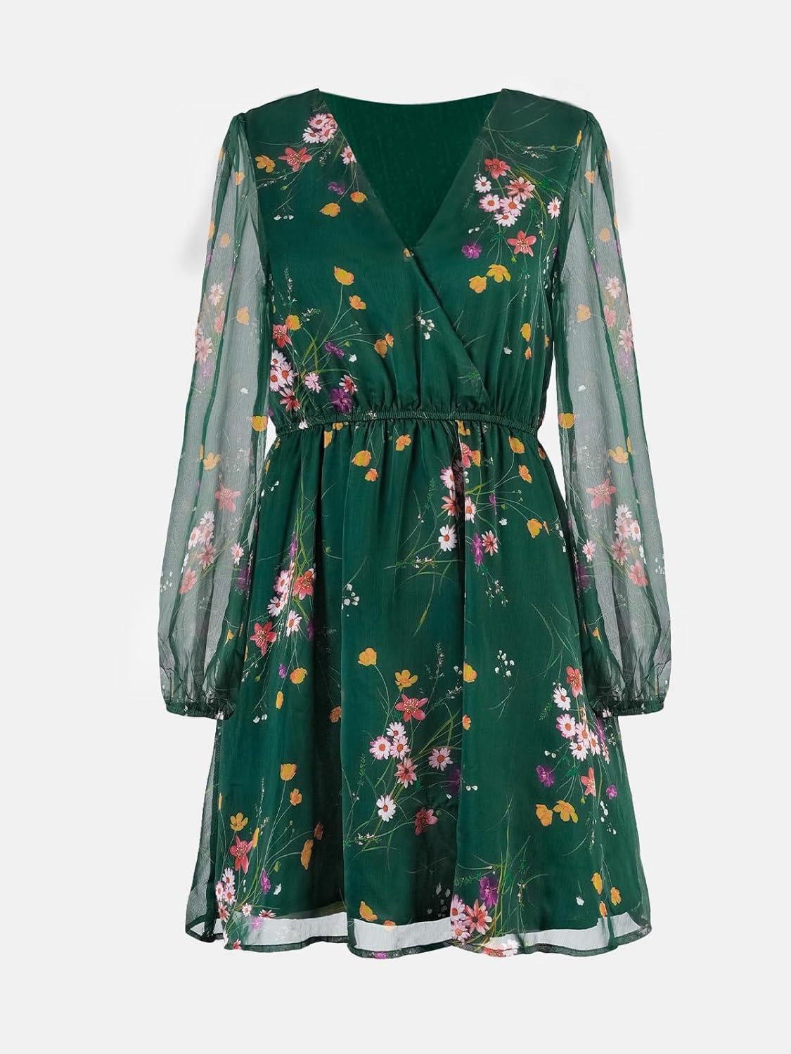 imageCUPSHE Mini robe dt volants pour femme avec col en V manches longues taille lastique coupe fluide et dcontracteVert