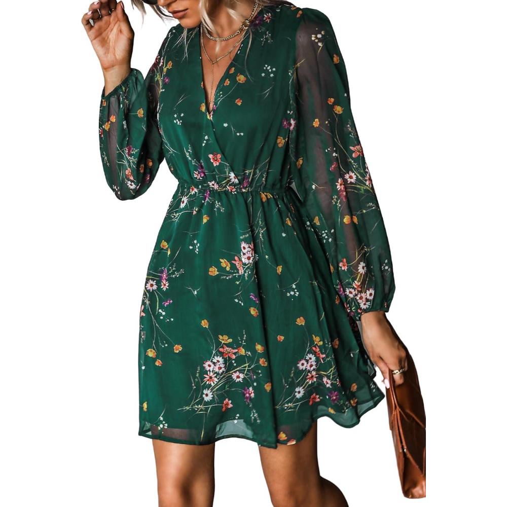 imageCUPSHE Mini robe dt volants pour femme avec col en V manches longues taille lastique coupe fluide et dcontracteVert