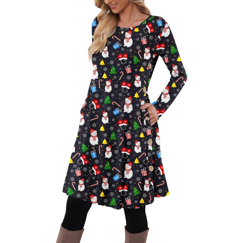 imageMOLERANI Robe Pull pour Femme Manches Longues Robe Tunique boutonne dcontracte avec PochesChristmas Elements