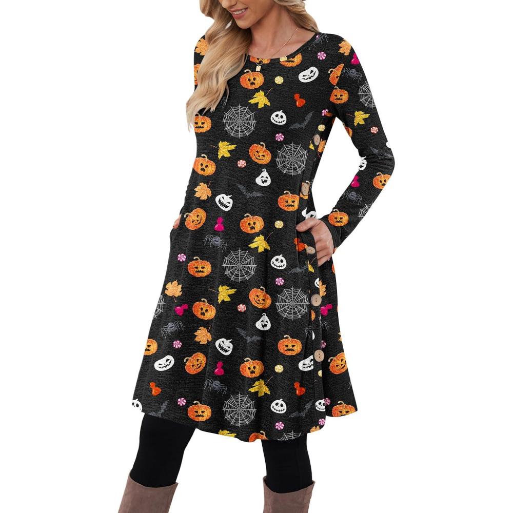 imageMOLERANI Robe Pull pour Femme Manches Longues Robe Tunique boutonne dcontracte avec PochesCitrouille Dhalloween