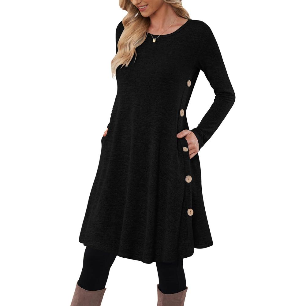 imageMOLERANI Robe Pull pour Femme Manches Longues Robe Tunique boutonne dcontracte avec PochesNoir