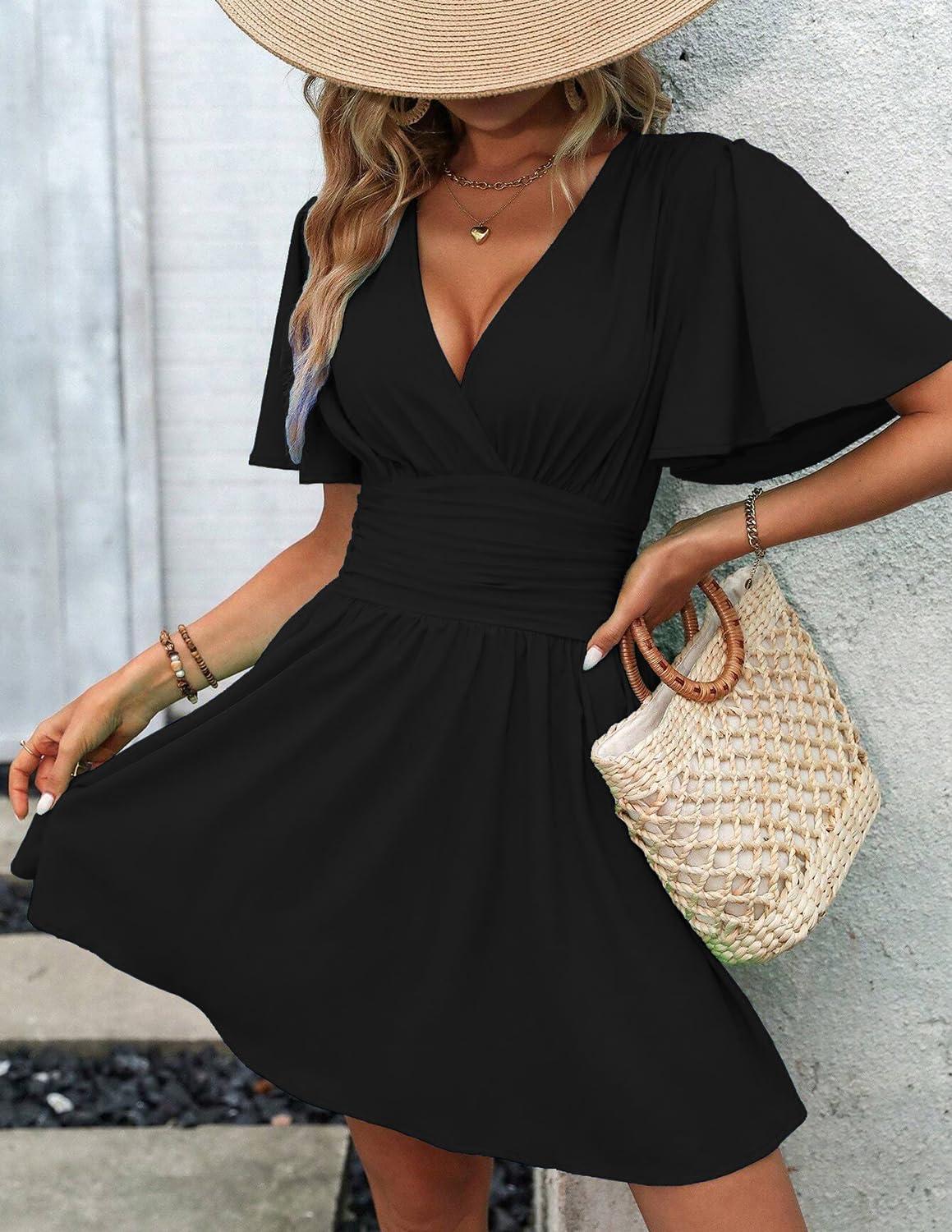 image:imageRobe Dcontracte Femmes Manches Longues Taille Haute Ligne A Robe Portefeuille Col en V Robe Mi LongueManches Courtes Noires