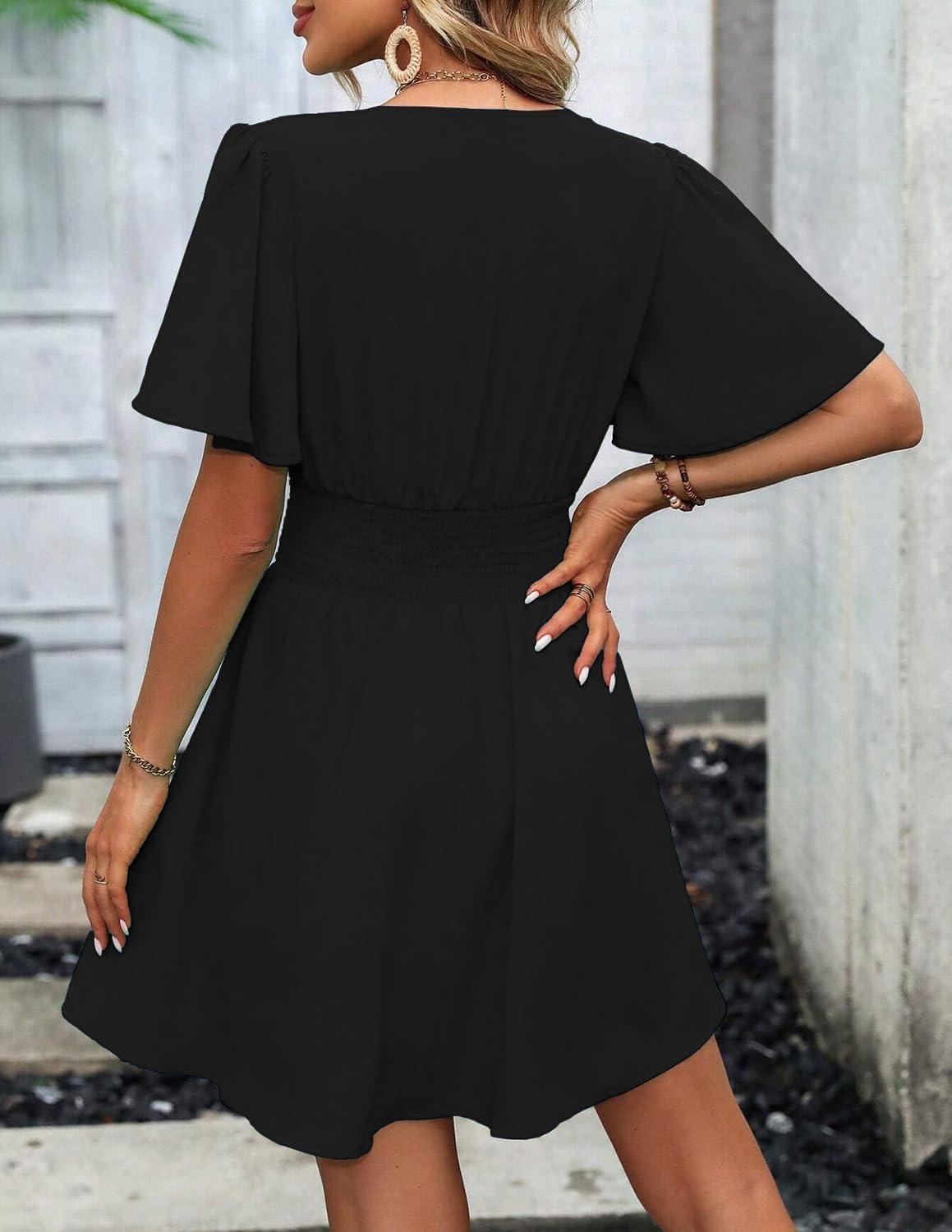 image:imageRobe Dcontracte Femmes Manches Longues Taille Haute Ligne A Robe Portefeuille Col en V Robe Mi LongueManches Courtes Noires