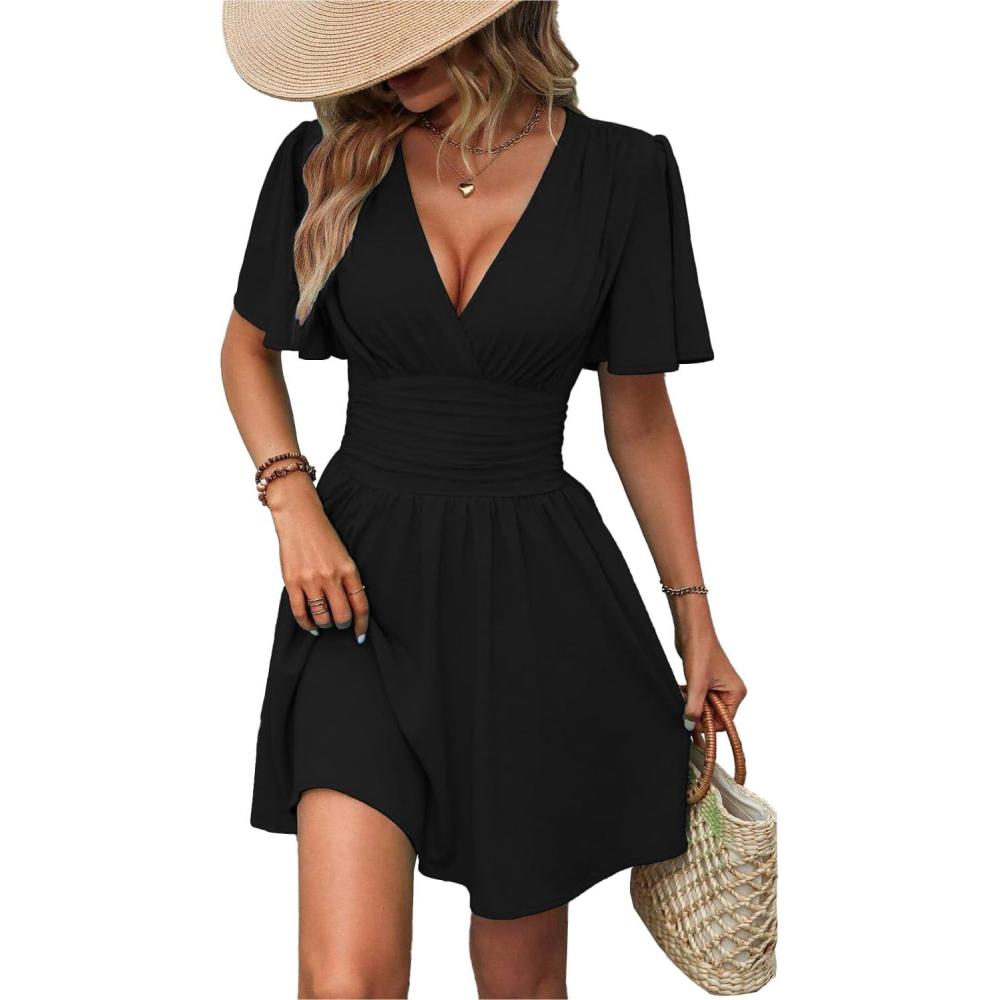 image:imageRobe Dcontracte Femmes Manches Longues Taille Haute Ligne A Robe Portefeuille Col en V Robe Mi LongueManches Courtes Noires