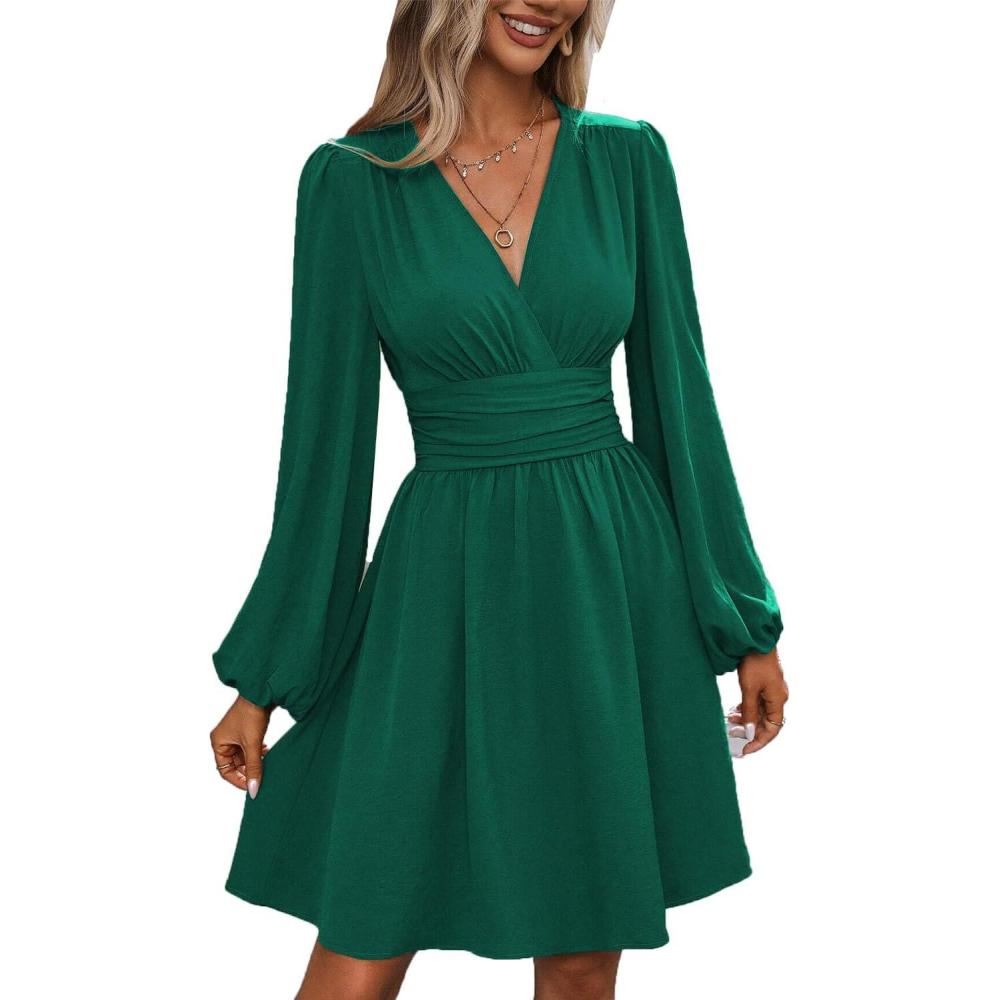 image:imageRobe Dcontracte Femmes Manches Longues Taille Haute Ligne A Robe Portefeuille Col en V Robe Mi LongueVert