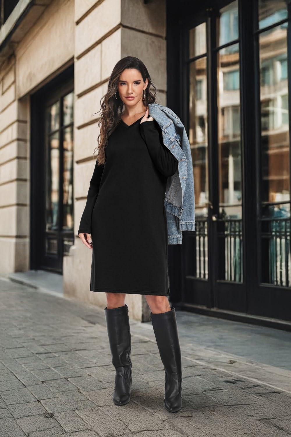 image:imagePrinStory Robe pour femme Pull dhiver manches longues avec poche latrale Longueur genou Coupe droiteNoir