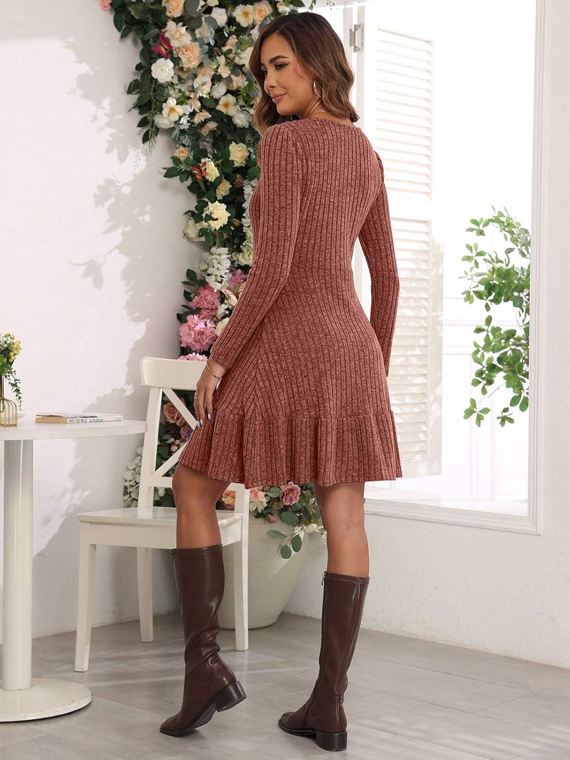 image:imageRobe Hiver Femme Chic et Elegant Manche Longue Robe Pull ALine Col Rond pour Femme Robe Pull Casual Robe Automne et HiverOrange