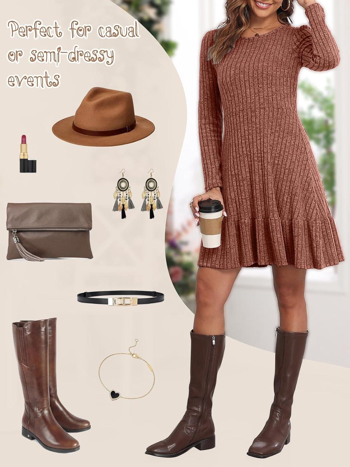 image:imageRobe Hiver Femme Chic et Elegant Manche Longue Robe Pull ALine Col Rond pour Femme Robe Pull Casual Robe Automne et HiverOrange
