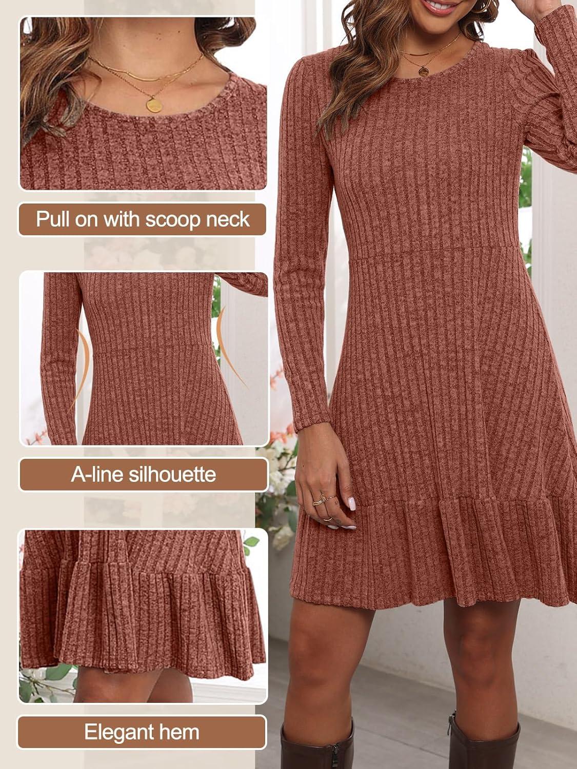 image:imageRobe Hiver Femme Chic et Elegant Manche Longue Robe Pull ALine Col Rond pour Femme Robe Pull Casual Robe Automne et HiverOrange
