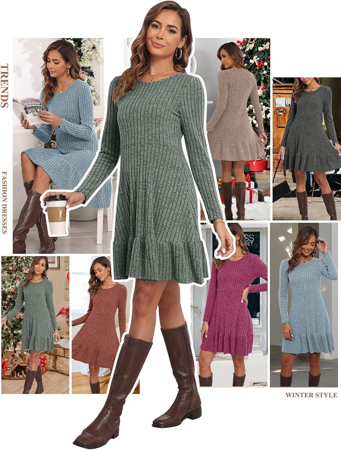 image:imageRobe Hiver Femme Chic et Elegant Manche Longue Robe Pull ALine Col Rond pour Femme Robe Pull Casual Robe Automne et HiverOrange