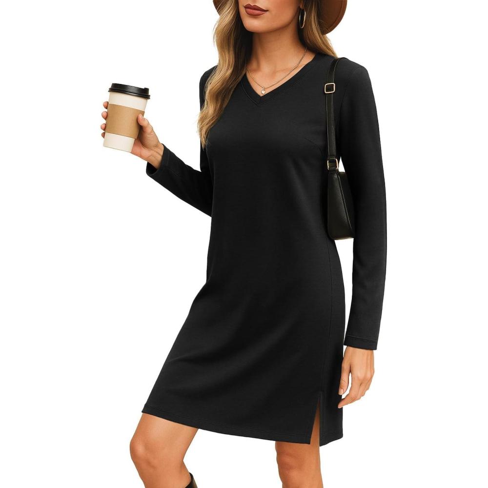 image:imagePrinStory Robe pour femme Pull dhiver manches longues avec poche latrale Longueur genou Coupe droiteNoir