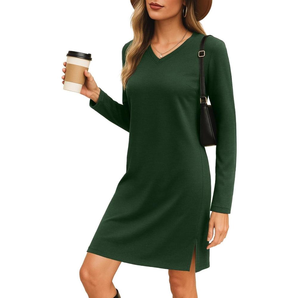 image:imagePrinStory Robe pour femme Pull dhiver manches longues avec poche latrale Longueur genou Coupe droiteVert Profond