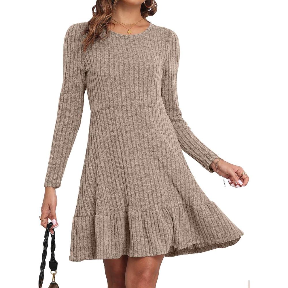 image:imageRobe Hiver Femme Chic et Elegant Manche Longue Robe Pull ALine Col Rond pour Femme Robe Pull Casual Robe Automne et HiverKaki