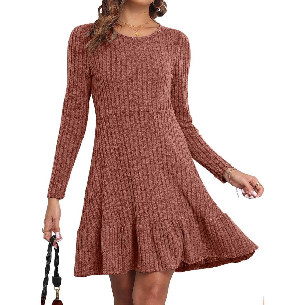 image:imageRobe Hiver Femme Chic et Elegant Manche Longue Robe Pull ALine Col Rond pour Femme Robe Pull Casual Robe Automne et HiverOrange