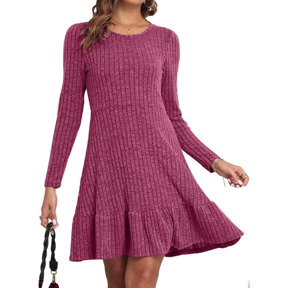 image:imageRobe Hiver Femme Chic et Elegant Manche Longue Robe Pull ALine Col Rond pour Femme Robe Pull Casual Robe Automne et HiverRouge