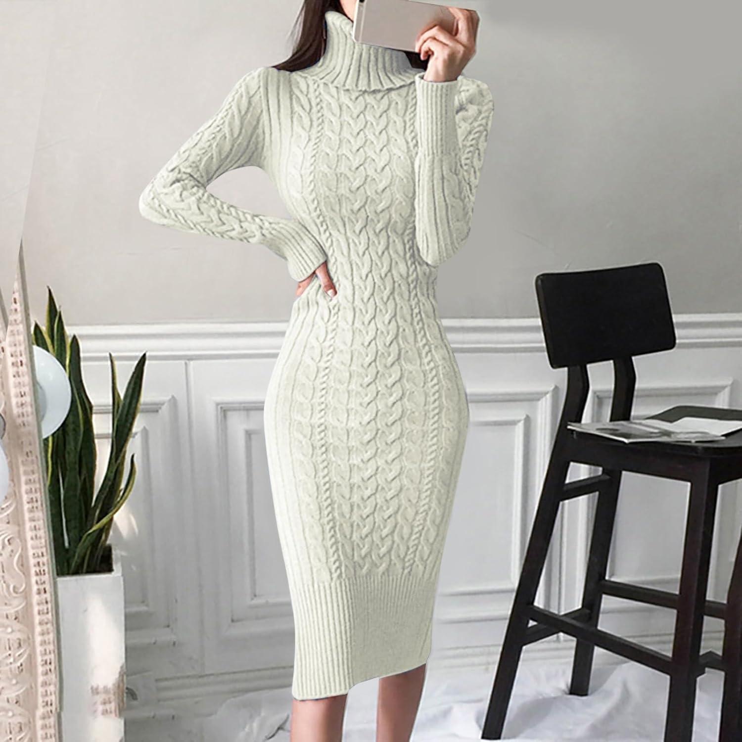 image:imageRobe pull col roul manches longues pour femme Robe pull midi moulante en tricotBlanc