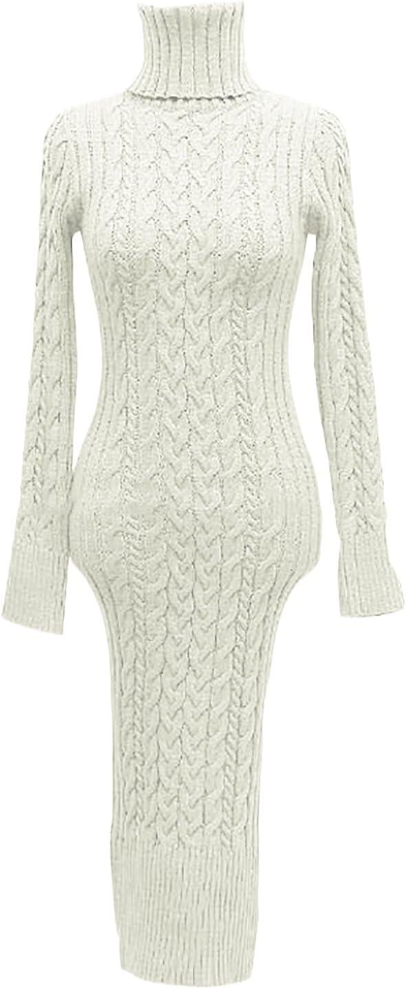 image:imageRobe pull col roul manches longues pour femme Robe pull midi moulante en tricotBlanc