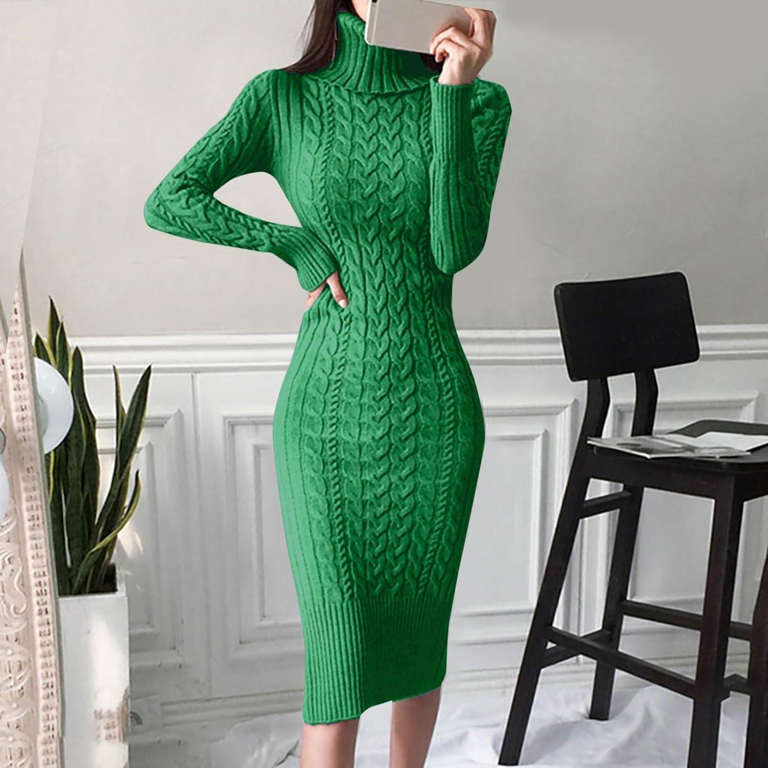 image:imageRobe pull col roul manches longues pour femme Robe pull midi moulante en tricotVert