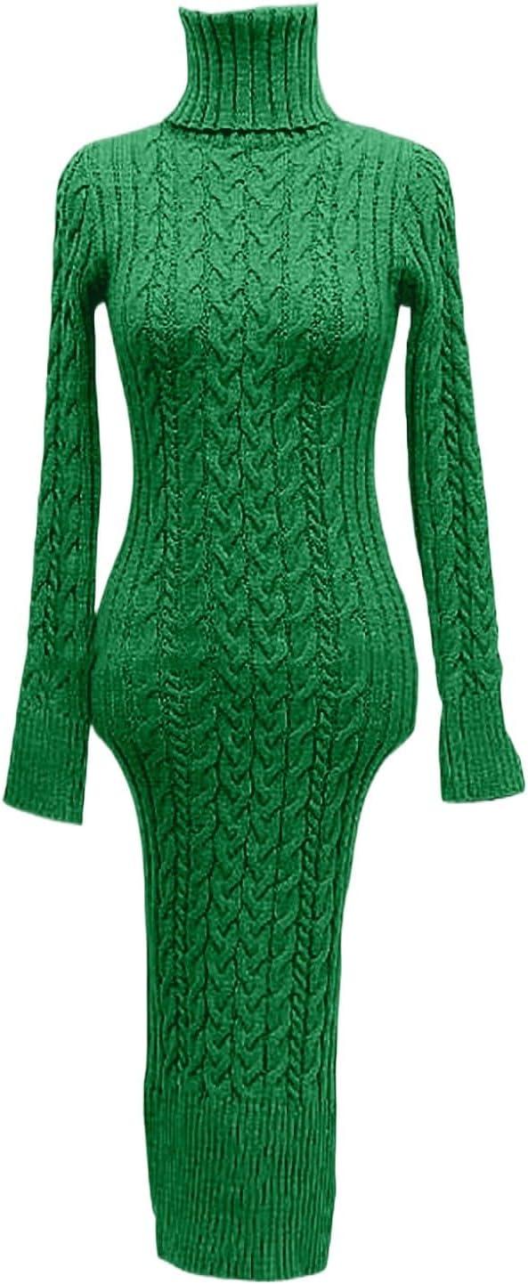 image:imageRobe pull col roul manches longues pour femme Robe pull midi moulante en tricotVert