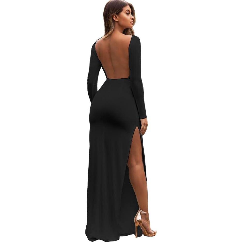 image:imageRobe Femmes Automne Hiver Robe Col Rond Longue Manche Sexy Maxi Robe Dos Nu Y2K Robe de Soire Cocktail PartyNoir