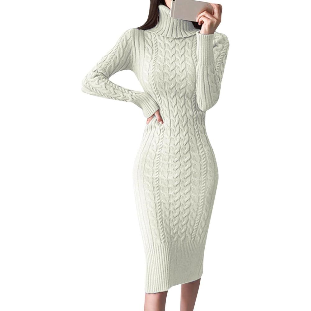 image:imageRobe pull col roul manches longues pour femme Robe pull midi moulante en tricotBlanc