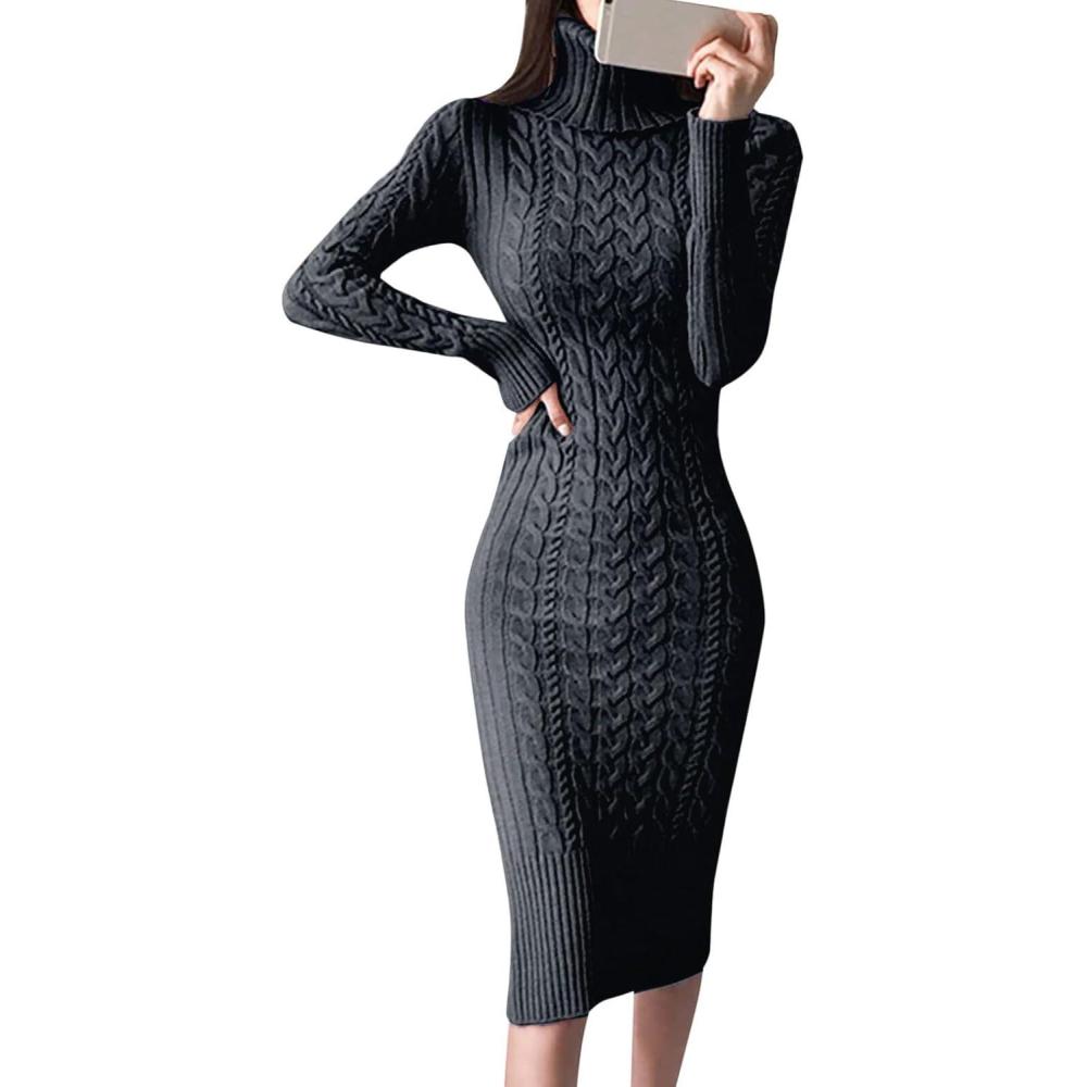 image:imageRobe pull col roul manches longues pour femme Robe pull midi moulante en tricotNoir