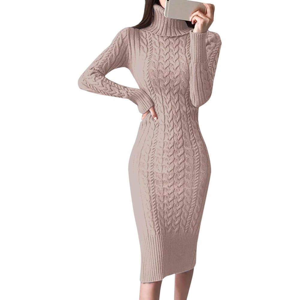 image:imageRobe pull col roul manches longues pour femme Robe pull midi moulante en tricotRose