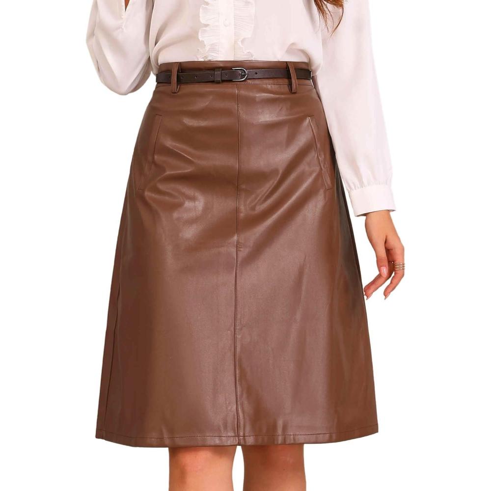 image:imageAllegra K Jupes en Similicuir Femme Jupe Midi Crayon Vintage avec Ceinture Taille Haute Jupe MiLongue TrapzeMarron