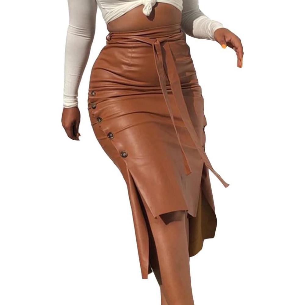 image:imageORANDESIGNE Jupe en Cuir Automne Hiver Fendue pour Femme MiLongue Mince en PU Taille Haute Sexy Simili Cuir Mode Slim Split Imitation Midi de CrayonA Marron